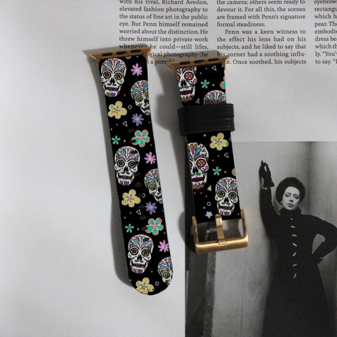 Sugar Skull Apple Watch Band All Series & All Sizes For Women Vegan Faux Leather Straps With Aesthetic Mexican Calavera Design (Feat)