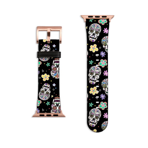 Sugar Skull Apple Watch Band All Series & All Sizes For Women Vegan Faux Leather Straps With Aesthetic Mexican Calavera Design