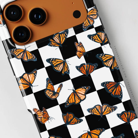 Checkered Monarch Butterfly Tough Phone Case for iPhone 17 Pro Max - The Urban Flair (Feat)