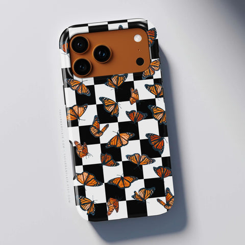 Checkered Monarch Butterfly Tough Phone Case for iPhone 16 Pro - The Urban Flair (Feat)