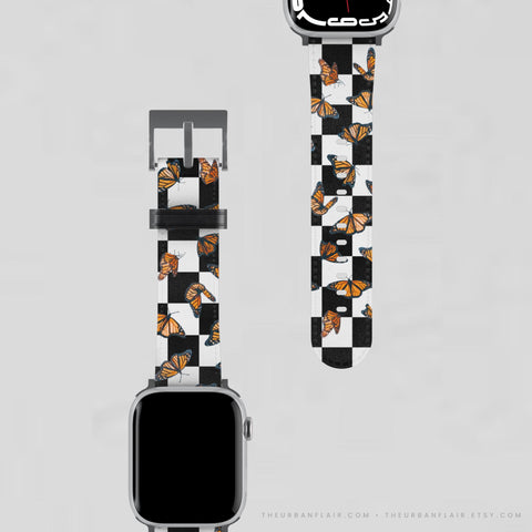 Checkered Print Monarch Butterfly Apple Watch Band - Fits All iWatch Series - Sizes 38mm 40mm 42mm 44mm - Women’s Vegan Leather Strap