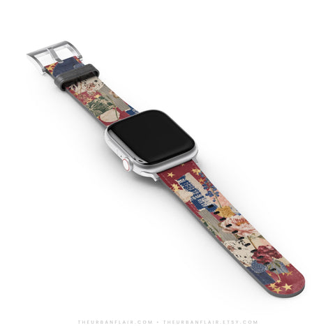 Starry Rustic Collage Apple Watch Band - Fits All iWatch Series - Sizes 38mm 40mm 42mm 44mm - Women’s Vegan Leather Strap