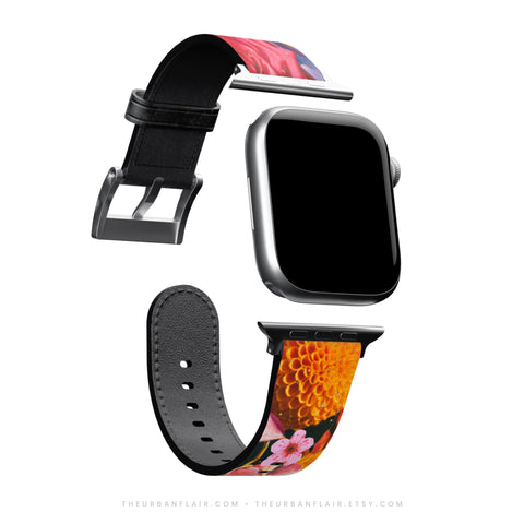 Summer Flower Bliss Apple Watch Band - Fits All iWatch Series - Sizes 38/40/42/44mm - Womens Vegan Leather Strap With Maximalist Design