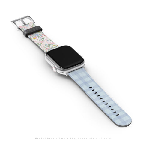Preppy Coquette Tile & Plaid Apple Watch Band - Fits All iWatch Series + Sizes - Women’s Vegan Leather Strap With Split Design