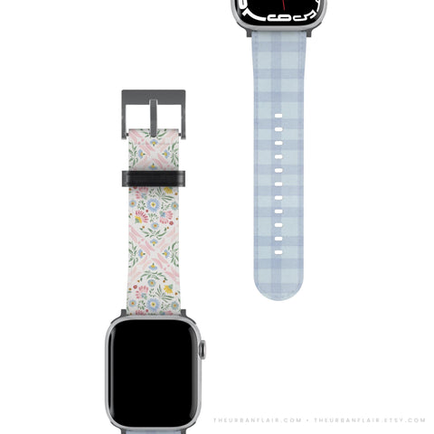 Preppy Coquette Tile & Plaid Apple Watch Band - Fits All iWatch Series + Sizes - Women’s Vegan Leather Strap With Split Design