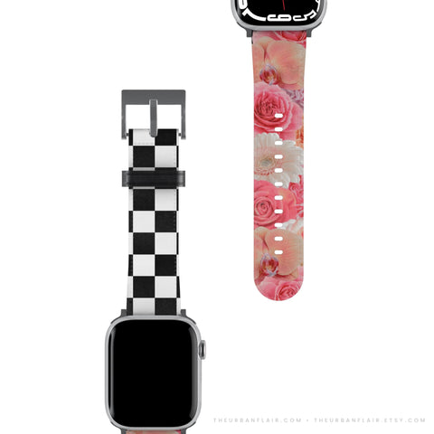 Pink Flowers & Checkered Print Apple Watch Band - Fits All iWatch Series + Sizes - Women’s Vegan Leather Strap With Split Design
