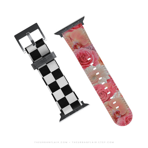Pink Flowers & Checkered Print Apple Watch Band - Fits All iWatch Series + Sizes - Women’s Vegan Leather Strap With Split Design