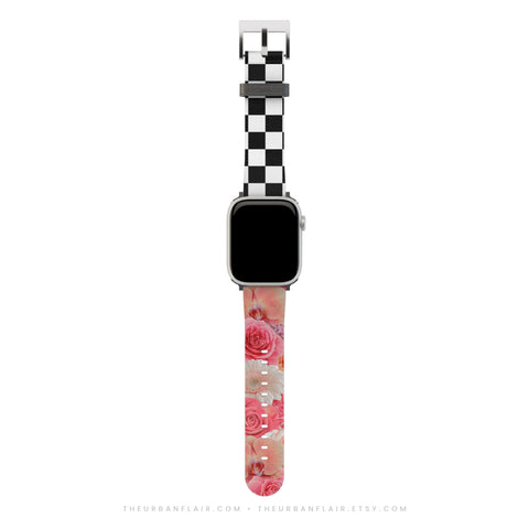 Pink Flowers & Checkered Print Apple Watch Band - Fits All iWatch Series + Sizes - Women’s Vegan Leather Strap With Split Design