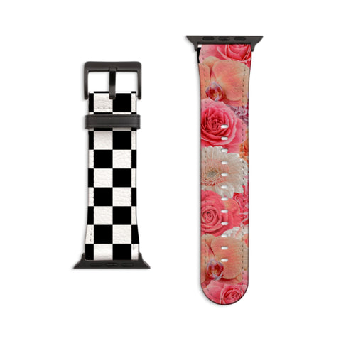 Pink Flowers & Checkered Print Apple Watch Band - Fits All iWatch Series + Sizes - Women’s Vegan Leather Strap With Split Design