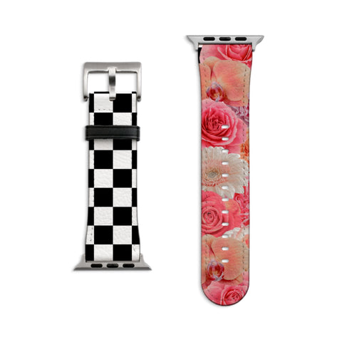 Pink Flowers & Checkered Print Apple Watch Band - Fits All iWatch Series + Sizes - Women’s Vegan Leather Strap With Split Design