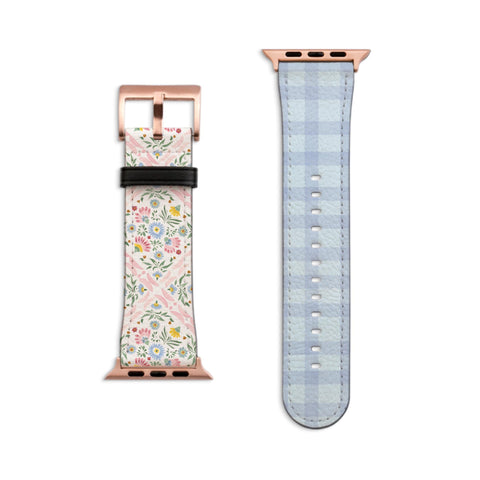Preppy Coquette Tile & Plaid Apple Watch Band - Fits All iWatch Series + Sizes - Women’s Vegan Leather Strap With Split Design