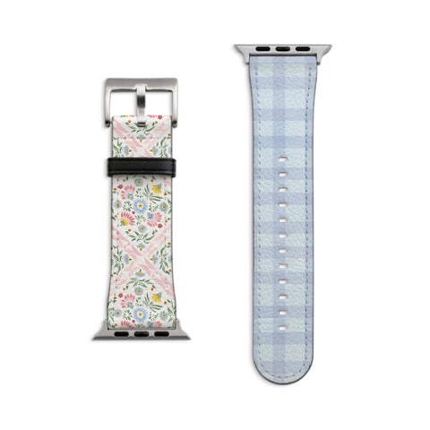 Preppy Coquette Tile & Plaid Apple Watch Band - Fits All iWatch Series + Sizes - Women’s Vegan Leather Strap With Split Design