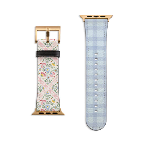 Preppy Coquette Tile & Plaid Apple Watch Band - Fits All iWatch Series + Sizes - Women’s Vegan Leather Strap With Split Design