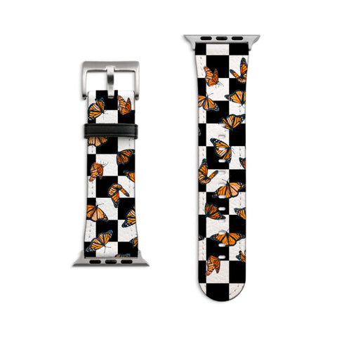 Checkered Print Monarch Butterfly Apple Watch Band - Fits All iWatch Series - Sizes 38mm 40mm 42mm 44mm - Women’s Vegan Leather Strap