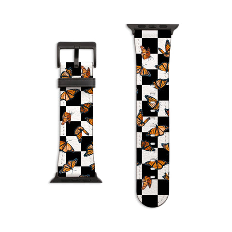 Checkered Print Monarch Butterfly Apple Watch Band - Fits All iWatch Series - Sizes 38mm 40mm 42mm 44mm - Women’s Vegan Leather Strap