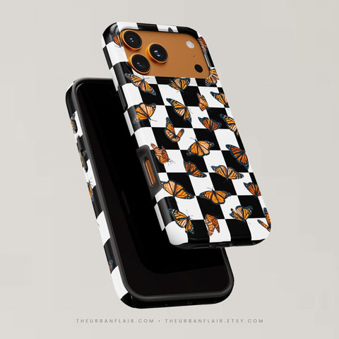 Checkered Monarch Butterfly Tough Phone Case for iPhone 16 Pro Max - The Urban Flair (Feat)