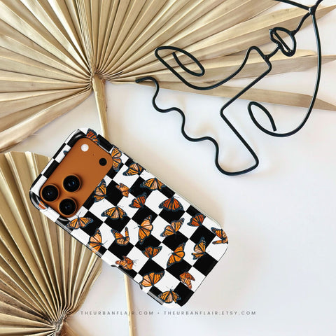 Checkered Monarch Butterfly Tough Phone Case for iPhone 16 Pro Max - The Urban Flair (Feat)