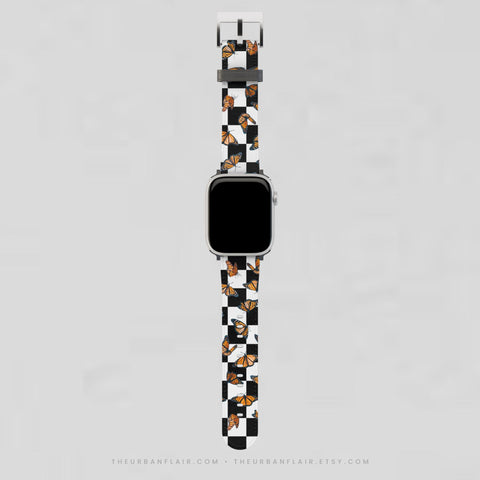 Checkered Print Monarch Butterfly Apple Watch Band - Fits All iWatch Series - Sizes 38mm 40mm 42mm 44mm - Women’s Vegan Leather Strap