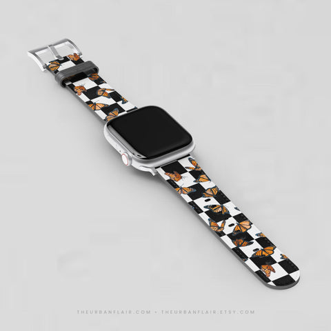 Checkered Print Monarch Butterfly Apple Watch Band - Fits All iWatch Series - Sizes 38mm 40mm 42mm 44mm - Women’s Vegan Leather Strap