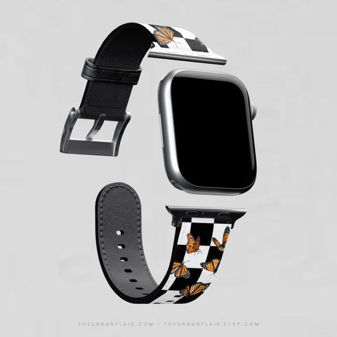 Checkered Print Monarch Butterfly Apple Watch Band - Fits All iWatch Series - Sizes 38mm 40mm 42mm 44mm - Women’s Vegan Leather Strap