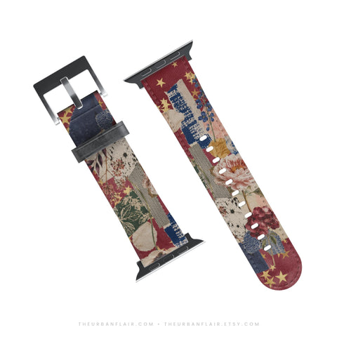 Starry Rustic Collage Apple Watch Band - Fits All iWatch Series - Sizes 38mm 40mm 42mm 44mm - Women’s Vegan Leather Strap