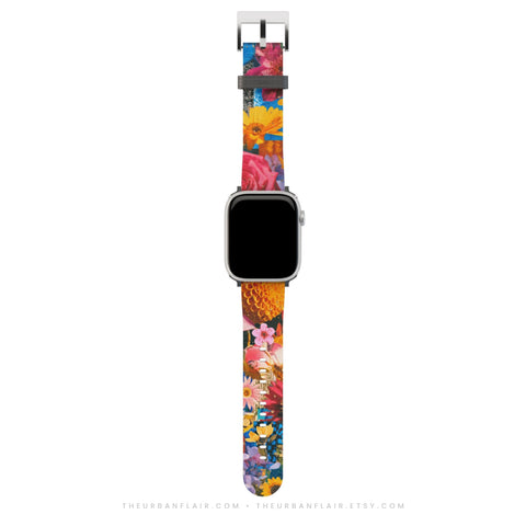 Summer Flower Bliss Apple Watch Band - Fits All iWatch Series - Sizes 38/40/42/44mm - Womens Vegan Leather Strap With Maximalist Design