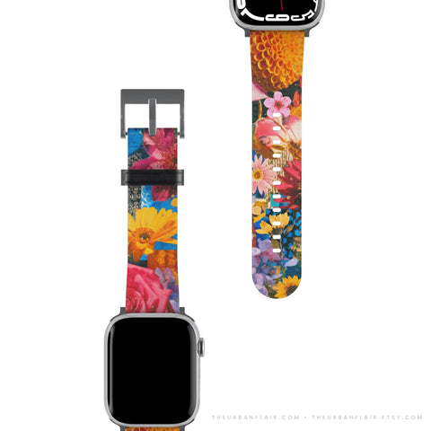 Summer Flower Bliss Apple Watch Band - Fits All iWatch Series - Sizes 38/40/42/44mm - Womens Vegan Leather Strap With Maximalist Design