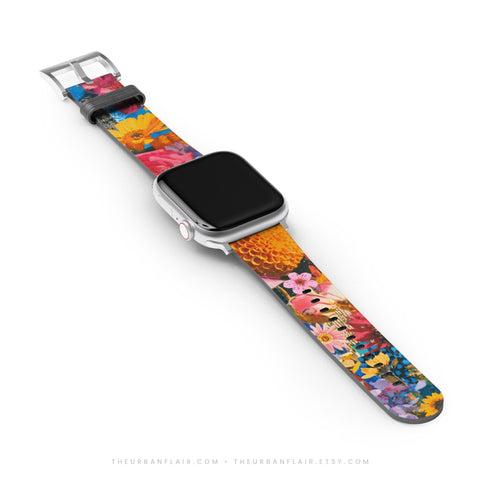 Summer Flower Bliss Apple Watch Band - Fits All iWatch Series - Sizes 38/40/42/44mm - Womens Vegan Leather Strap With Maximalist Design (Feat)