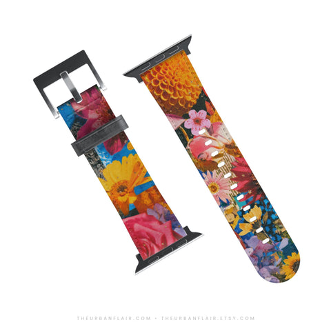 Summer Flower Bliss Apple Watch Band - Fits All iWatch Series - Sizes 38/40/42/44mm - Womens Vegan Leather Strap With Maximalist Design
