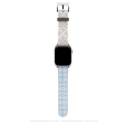 Preppy Coquette Tile & Plaid Apple Watch Band - Fits All iWatch Series + Sizes - Women’s Vegan Leather Strap With Split Design