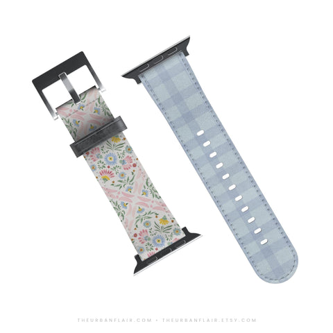 Preppy Coquette Tile & Plaid Apple Watch Band - Fits All iWatch Series + Sizes - Women’s Vegan Leather Strap With Split Design