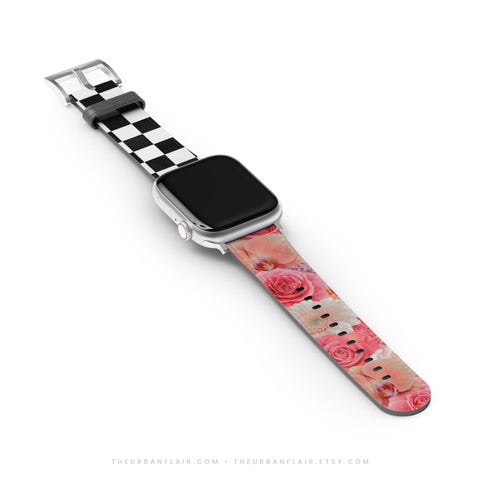 Pink Flowers & Checkered Print Apple Watch Band - Fits All iWatch Series + Sizes - Women’s Vegan Leather Strap With Split Design