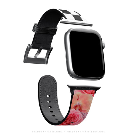 Pink Flowers & Checkered Print Apple Watch Band - Fits All iWatch Series + Sizes - Women’s Vegan Leather Strap With Split Design