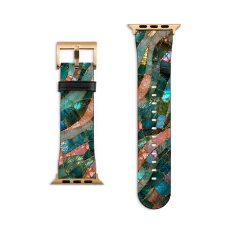Teal Stained Glass Print Apple Watch Band - Matte Gold
