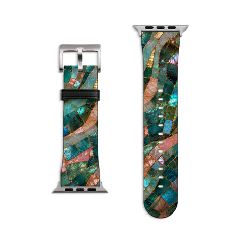 Teal Stained Glass Print Apple Watch Band - Matte Silver