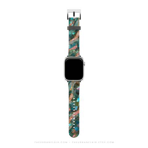 Teal Stained Glass Print Apple Watch Band - premium vegan leather printed strap (Feat)
