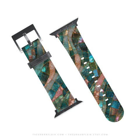 Teal Stained Glass Print Apple Watch Band - premium vegan leather printed strap (Feat)