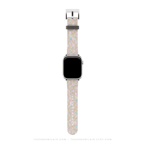 Classy Opal Tile Print Apple Watch Band - Vegan Leather Strap - Pearl Mosaic Design - Fits All Series - 38 40 41 42 44 45 46 49 mm, Ultra 3 (Feat)