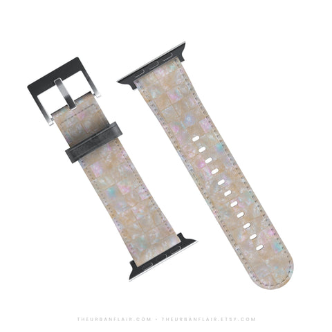 Classy Opal Tile Print Apple Watch Band - Vegan Leather Strap - Pearl Mosaic Design - Fits All Series - 38 40 41 42 44 45 46 49 mm, Ultra 3 Feat