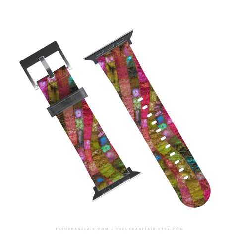Watermelon Stained Glass Print Apple Watch Band - Vegan Leather Strap With Mosaic Design - Fits All Series - 38 40 41 42 44 45 46 49 mm (Feat)