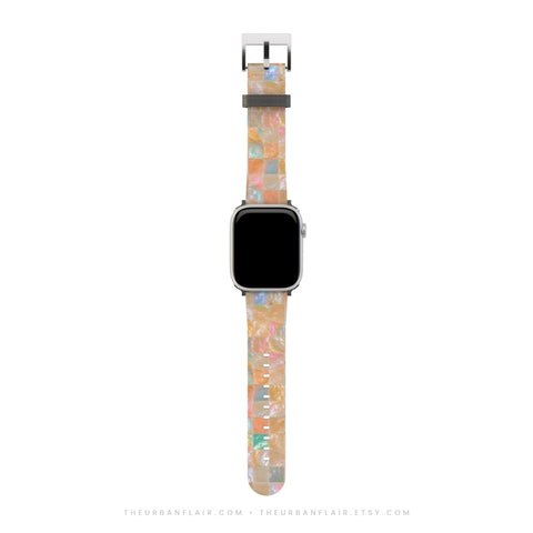 Peach Sherbet Tile Print Apple Watch Band - Vegan Leather Strap - Pastel Mosaic Design - Fits All Series - 38 40 41 42 44 45 46 49 mm (Feat)