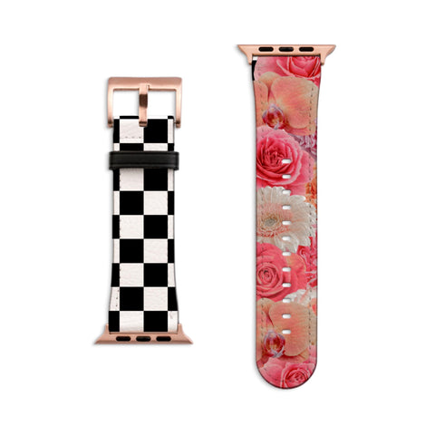 Pink Flowers & Checkered Print Apple Watch Band - Fits All iWatch Series + Sizes - Women’s Vegan Leather Strap With Split Design
