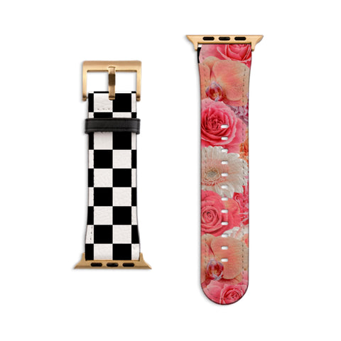 Pink Flowers & Checkered Print Apple Watch Band - Fits All iWatch Series + Sizes - Women’s Vegan Leather Strap With Split Design