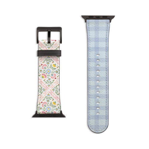 Preppy Coquette Tile & Plaid Apple Watch Band - Fits All iWatch Series + Sizes - Women’s Vegan Leather Strap With Split Design