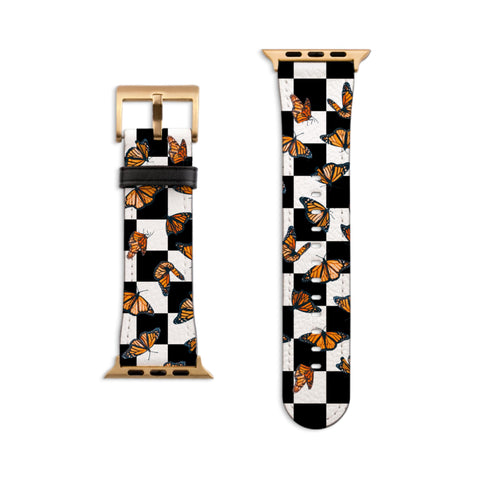 Checkered Print Monarch Butterfly Apple Watch Band - Fits All iWatch Series - Sizes 38mm 40mm 42mm 44mm - Women’s Vegan Leather Strap