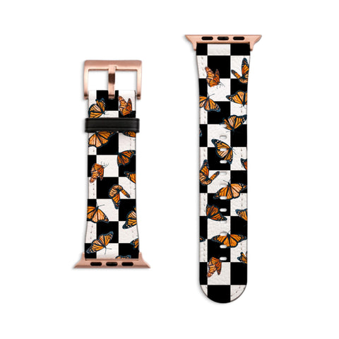 Checkered Print Monarch Butterfly Apple Watch Band - Fits All iWatch Series - Sizes 38mm 40mm 42mm 44mm - Women’s Vegan Leather Strap