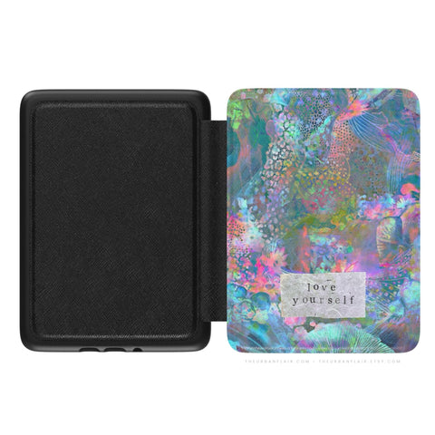 Love Yourself Kindle Case, vegan Saffiano leather exterior with satin finish