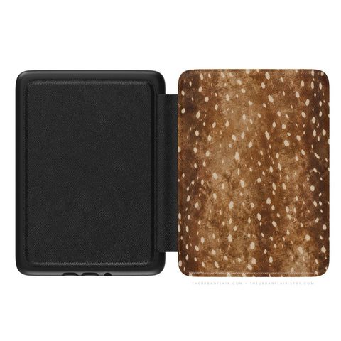 Deer Print Kindle Case, vegan Saffiano leather exterior with satin finish