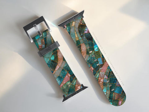 Teal Stained Glass Print Apple Watch Band - premium vegan leather printed strap (Feat)