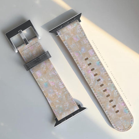 Classy Opal Tile Print Apple Watch Band - Vegan Leather Strap - Pearl Mosaic Design - Fits All Series - 38 40 41 42 44 45 46 49 mm, Ultra 3 (Feat)